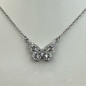 New Silver Plated Butterfly Pendant Necklace Crystal CZ 18” Dainty